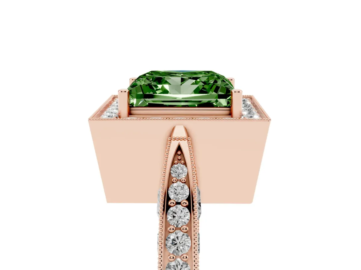 Fancy Green Princess Cut Halo Diamond Engagement Ring with Split Shank Band and Four-Prong Setting Rose gold