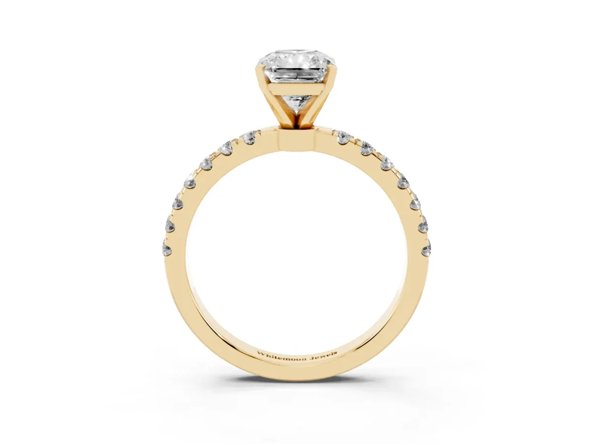 Radiant Cut Diamond Solitaire Ring with Pavé Accents and Four-Prong Setting Yellow gold