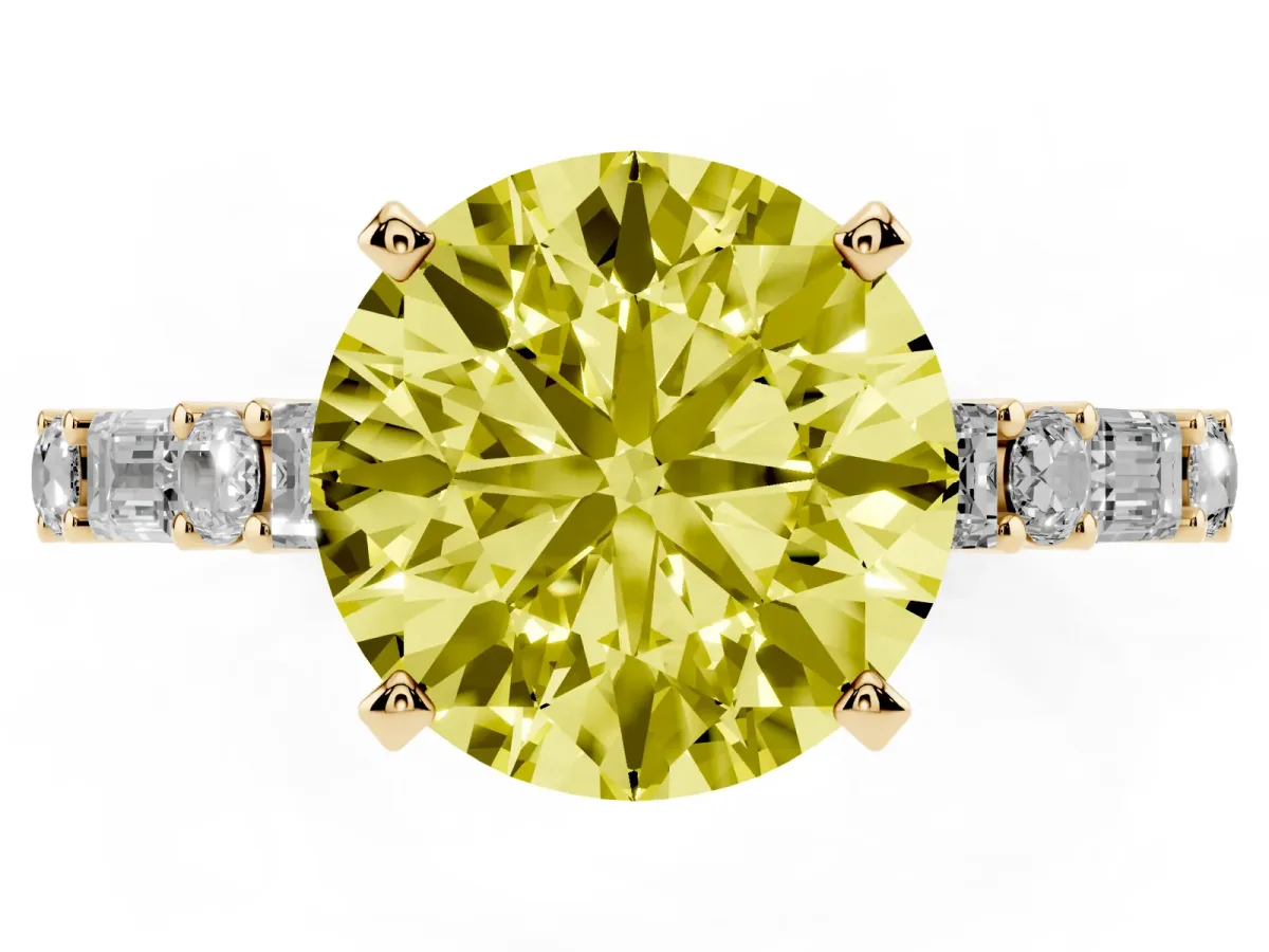 Fancy Yellow Round Cut Diamond Solitaire with Side Baguettes and Channel Set Band Yellow gold