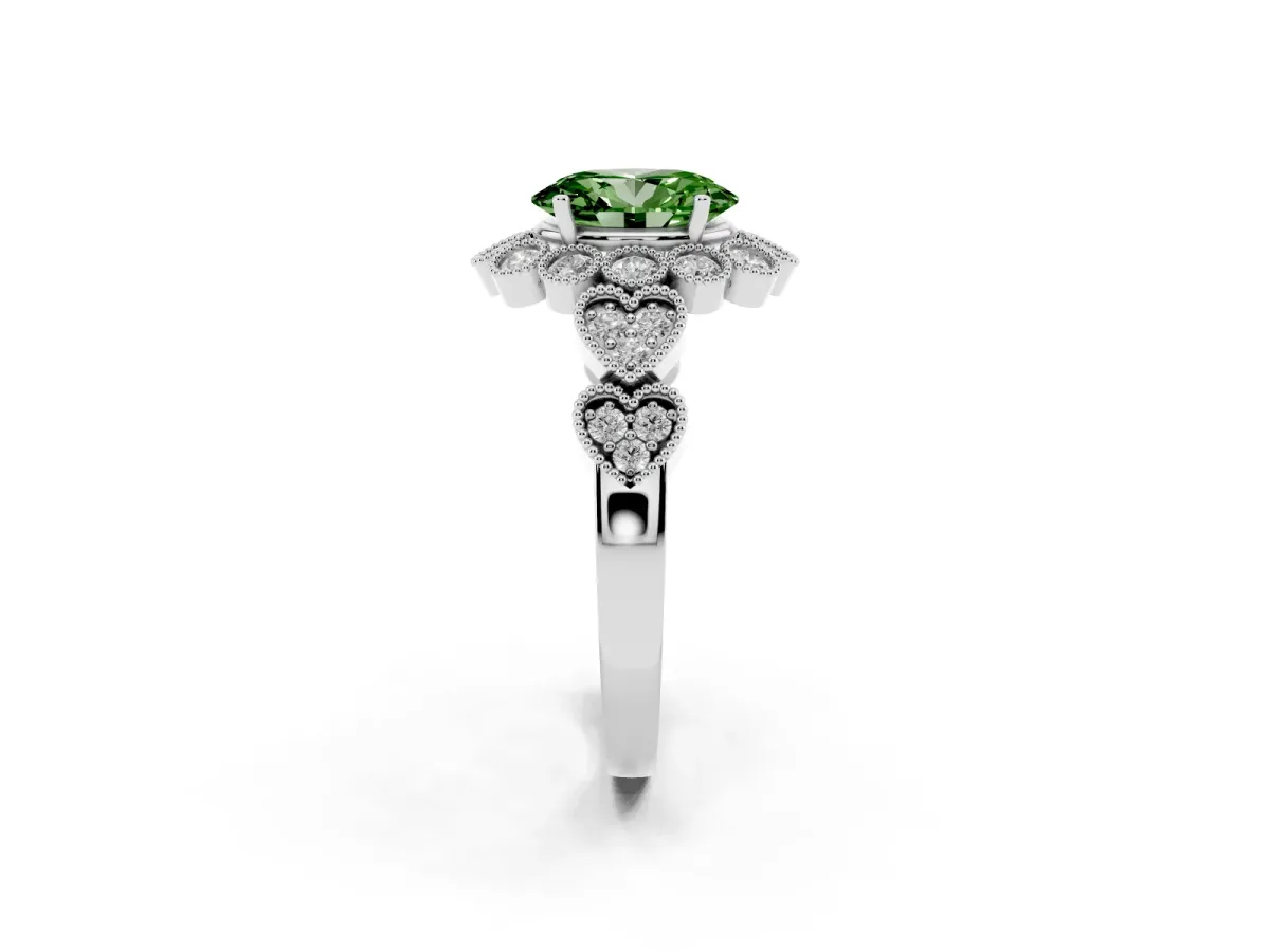 Fancy Green Oval Cut Brilliant Milgrain Pave Heart Band Solitaire Ring White gold