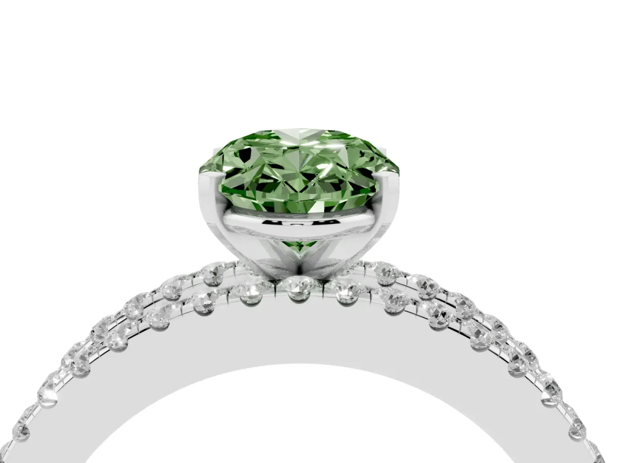 Fancy Green Oval Cut Diamond Solitaire Ring with Pavé and Channel Set Band Silver
