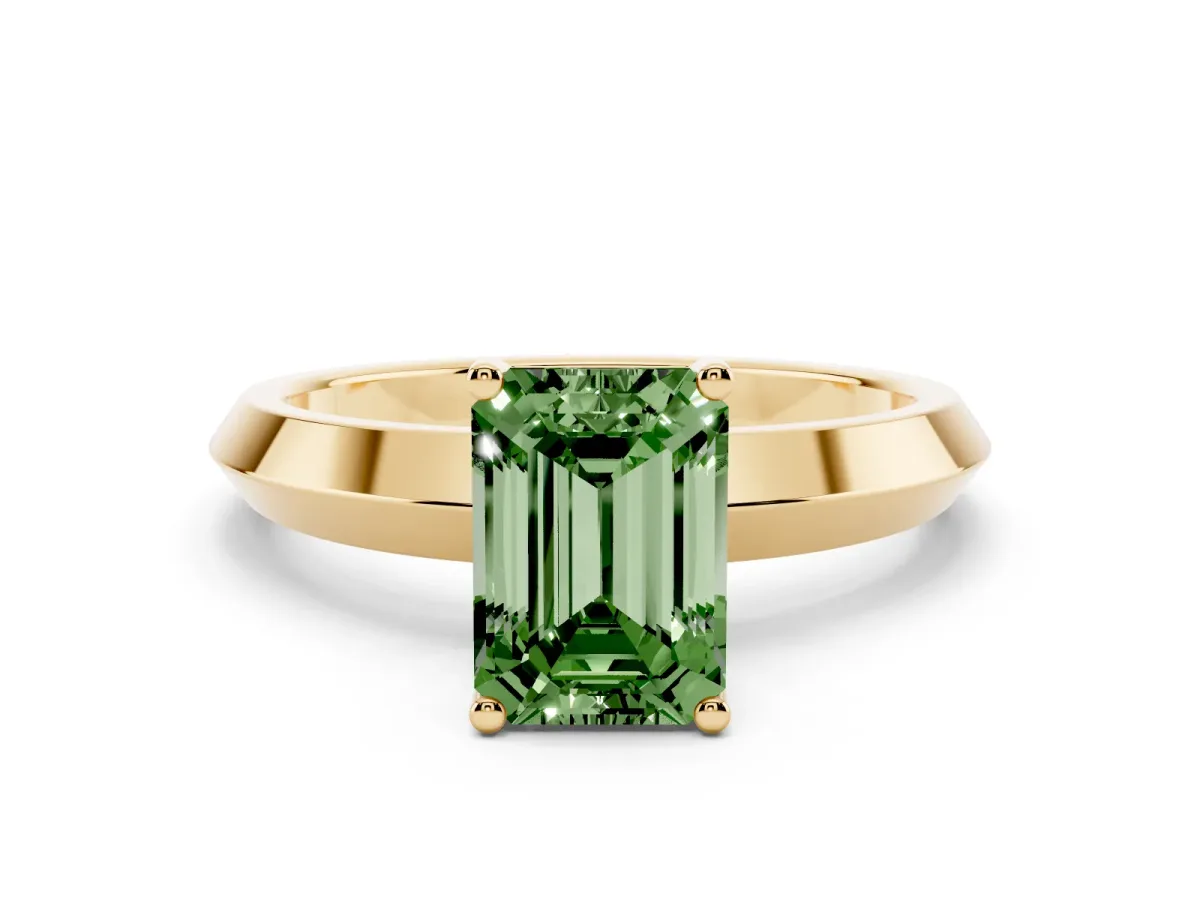 Fancy Green Emerald Cut Cut Solitaire Engagement Ring with Flat Band and Four-Prong Setting Yellow gold