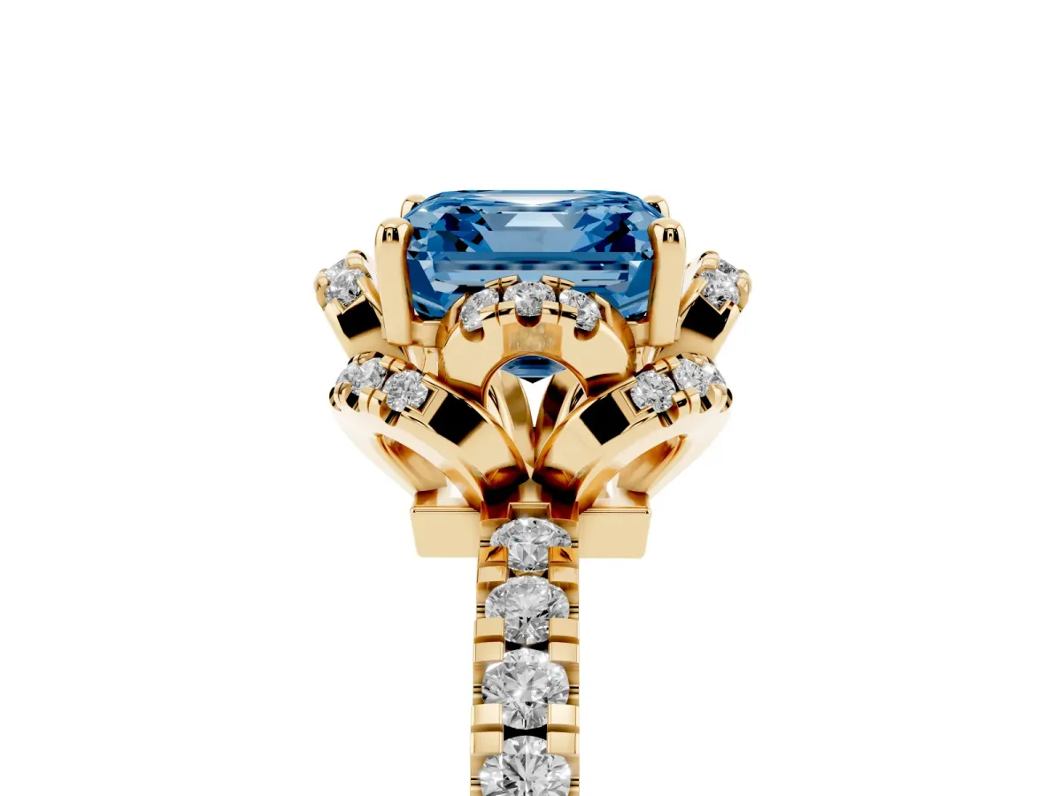 Fancy Blue Asscher Cut Halo Diamond Pave Band Ring with Four-Prong Setting Yellow gold