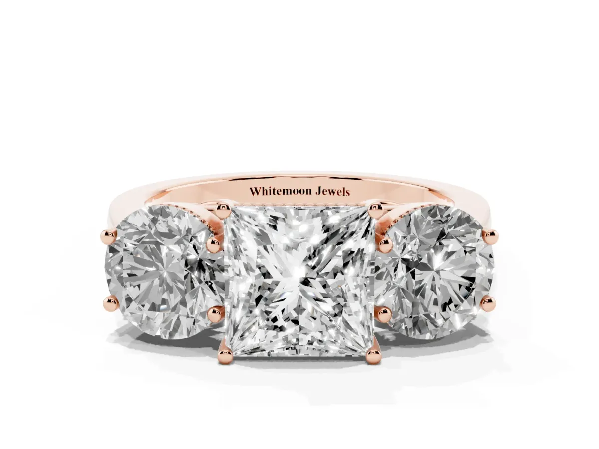 Three-Stone Princess Cut Diamond Engagement Ring with Prong Setting on a Classic Band Rose gold