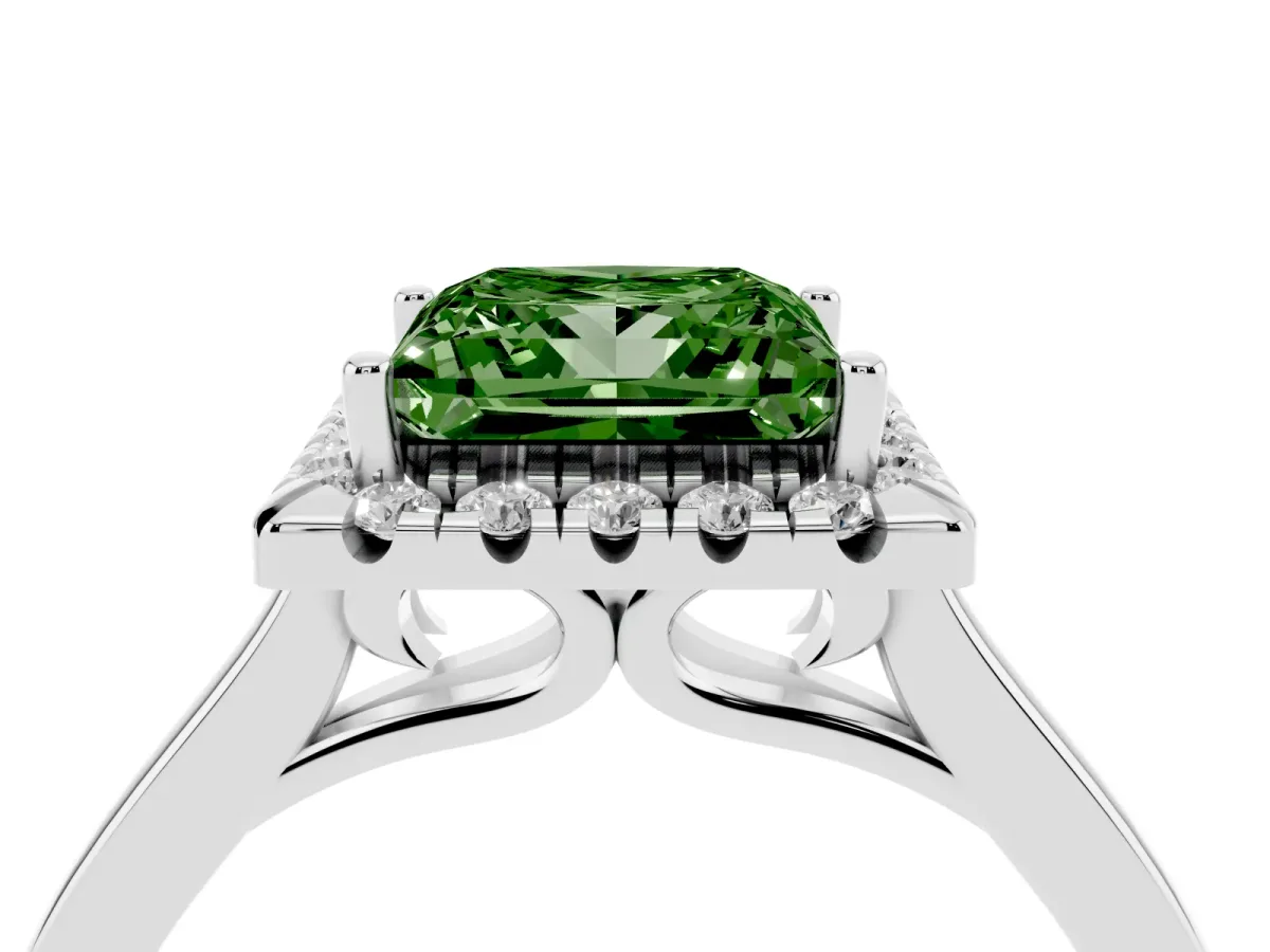 Fancy Green Princess Cut Halo Round Diamond Solitaire Ring with Pavé Band and Four-Prong Setting Platinum