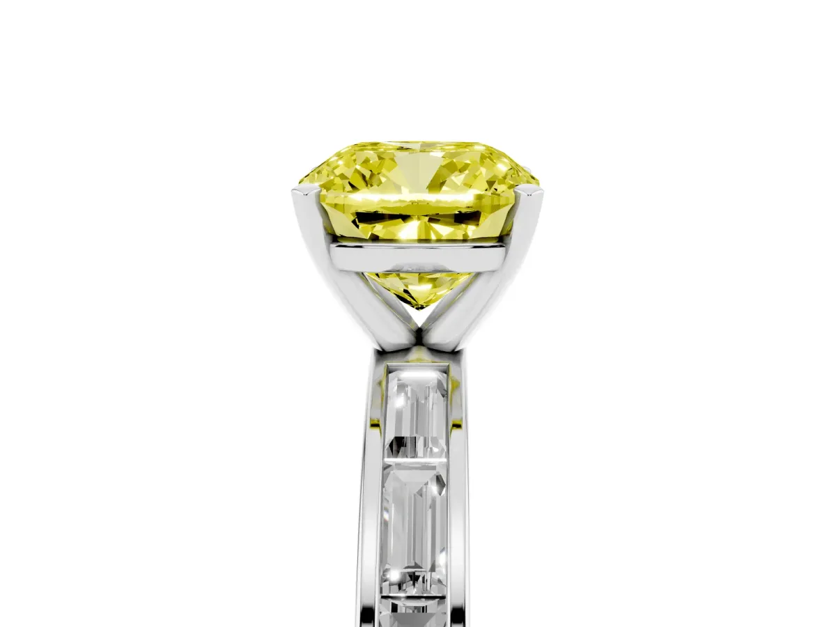 Fancy Yellow Cushion Cut Solitaire Diamond Ring with Channel-Set Baguette Band and Four-Prong Setting Platinum
