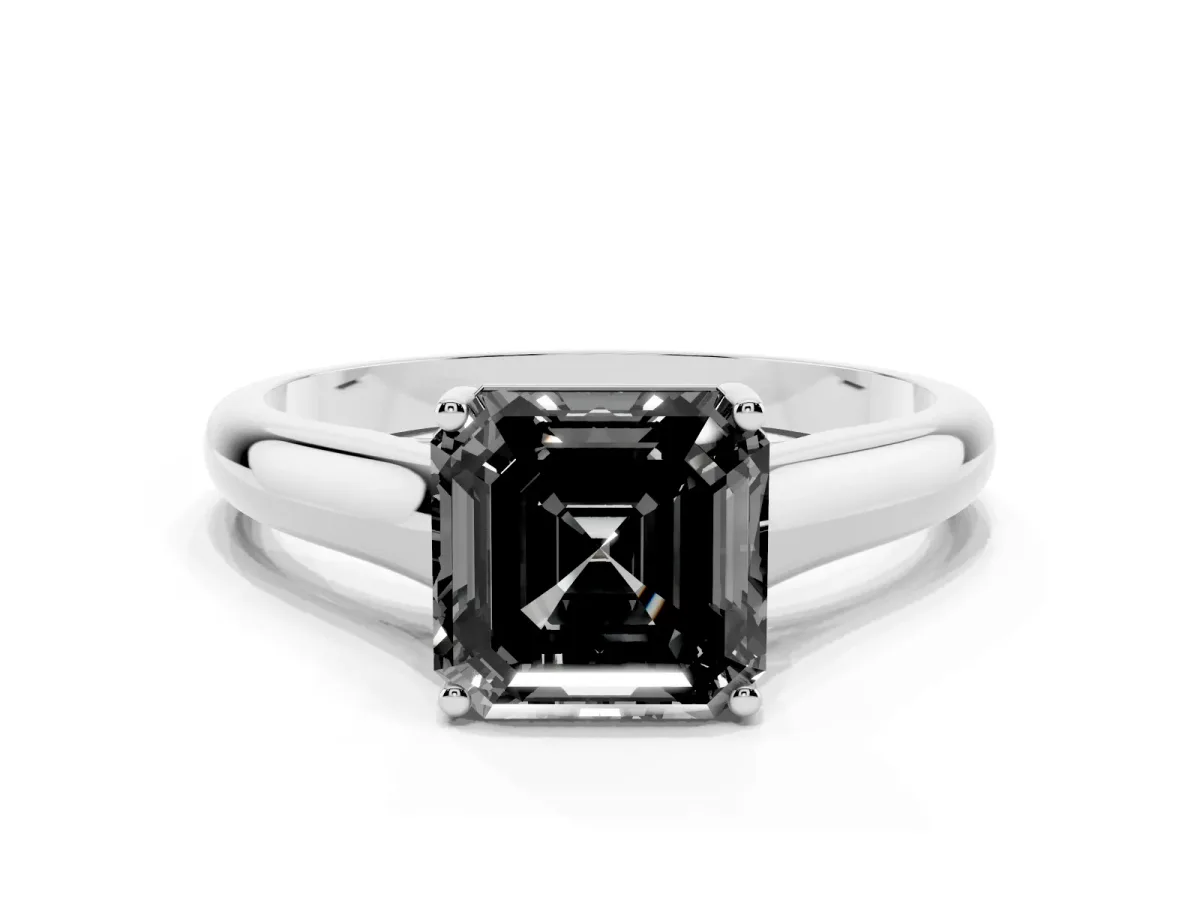 Fancy Black Asscher Cut Solitaire Engagement Ring with Tapered Band and Four-Prong Setting Platinum