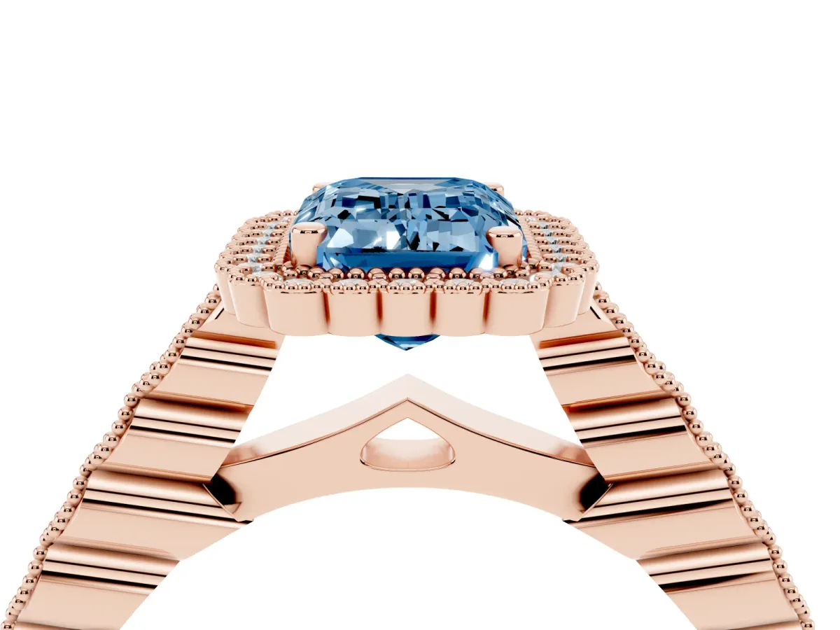 Fancy Blue Emerald Cut Cut Halo Pavé Solitaire Ring with Milgrain Band Rose gold