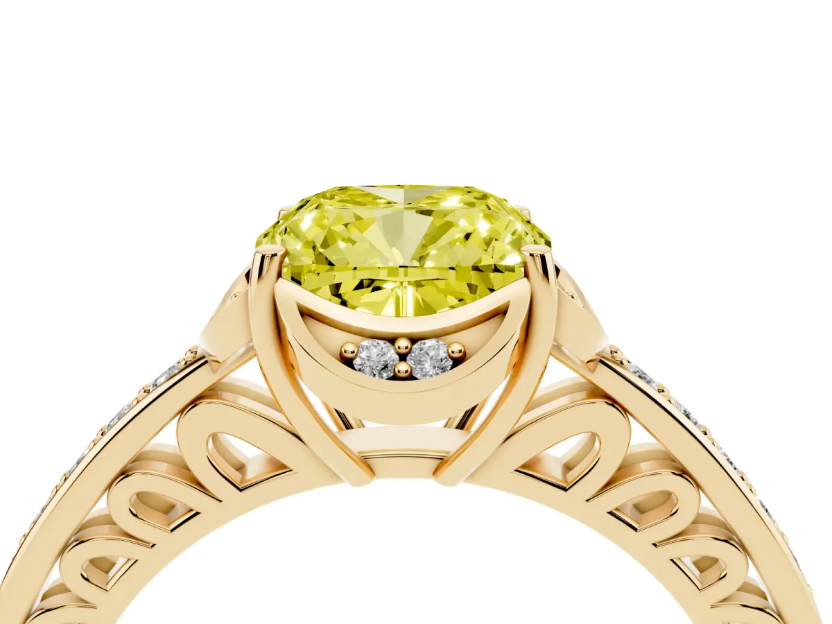 Fancy Yellow Cushion Cut Cut Halo Diamond Ring with Channel Set Band and Four-Prong Setting Yellow gold