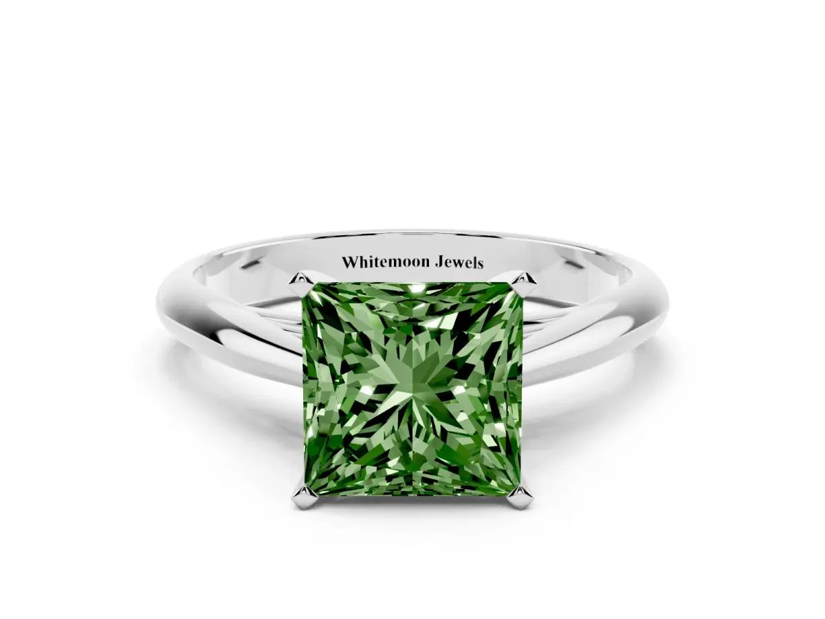 Fancy Green Princess Cut Diamond Solitaire Engagement Ring with Cathedral Setting and Four-Prong Mount Silver