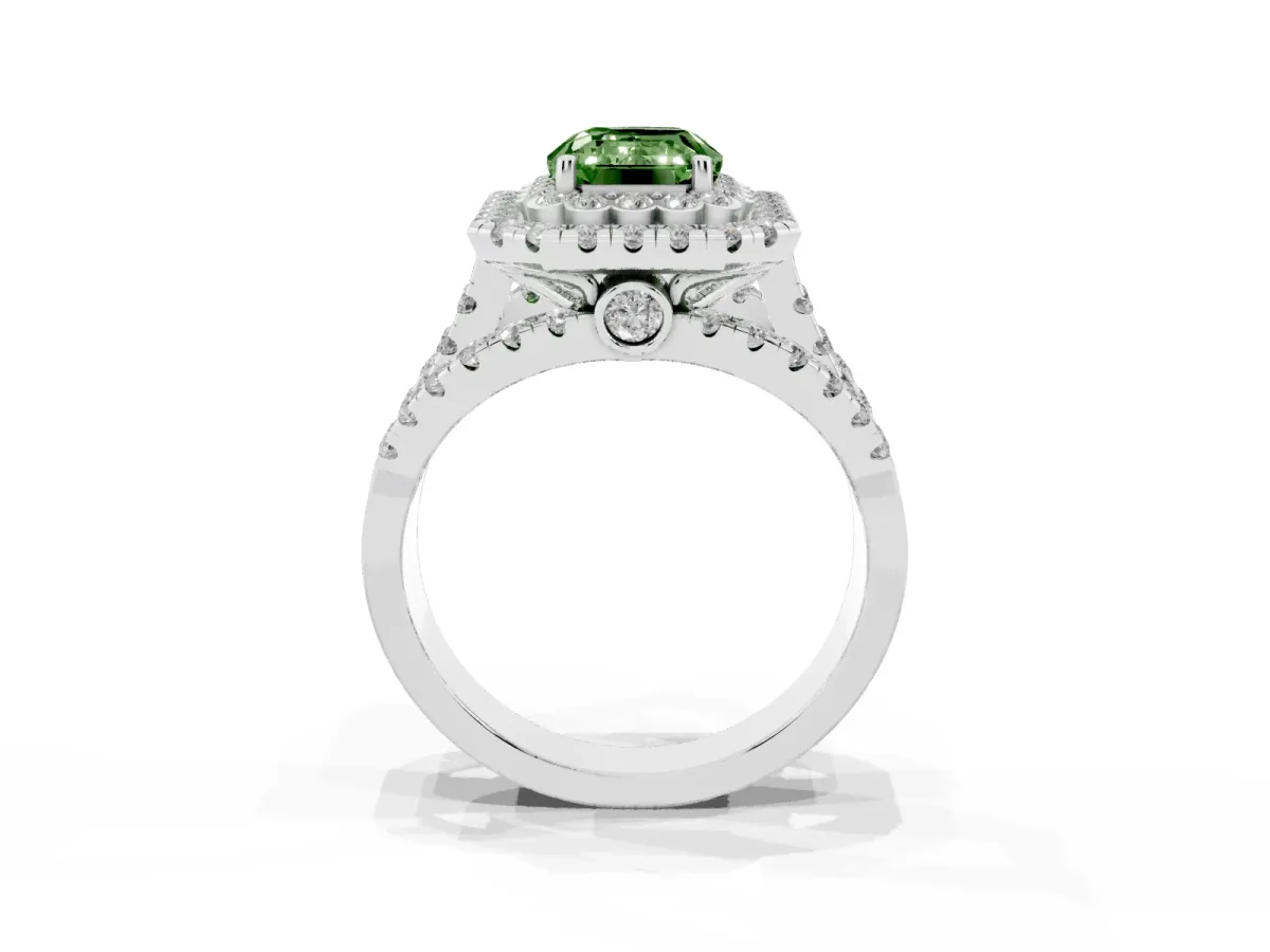 Fancy Green Emerald Cut Diamond Double Halo Ring with Round Pavé Split Shank and Prong Setting Platinum