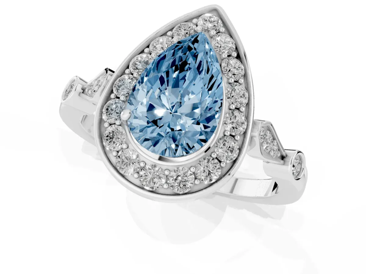 Fancy Blue Pear Cut Halo Diamond Engagement Ring with Twisted Band and Four-Prong Setting White gold
