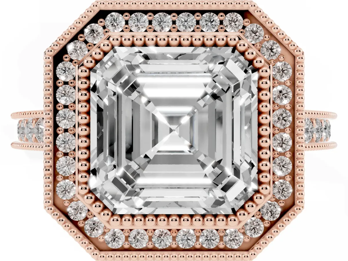Halo Asscher Cut-Cut Diamond Pave Band Milgrain Prong Setting Ring Rose gold