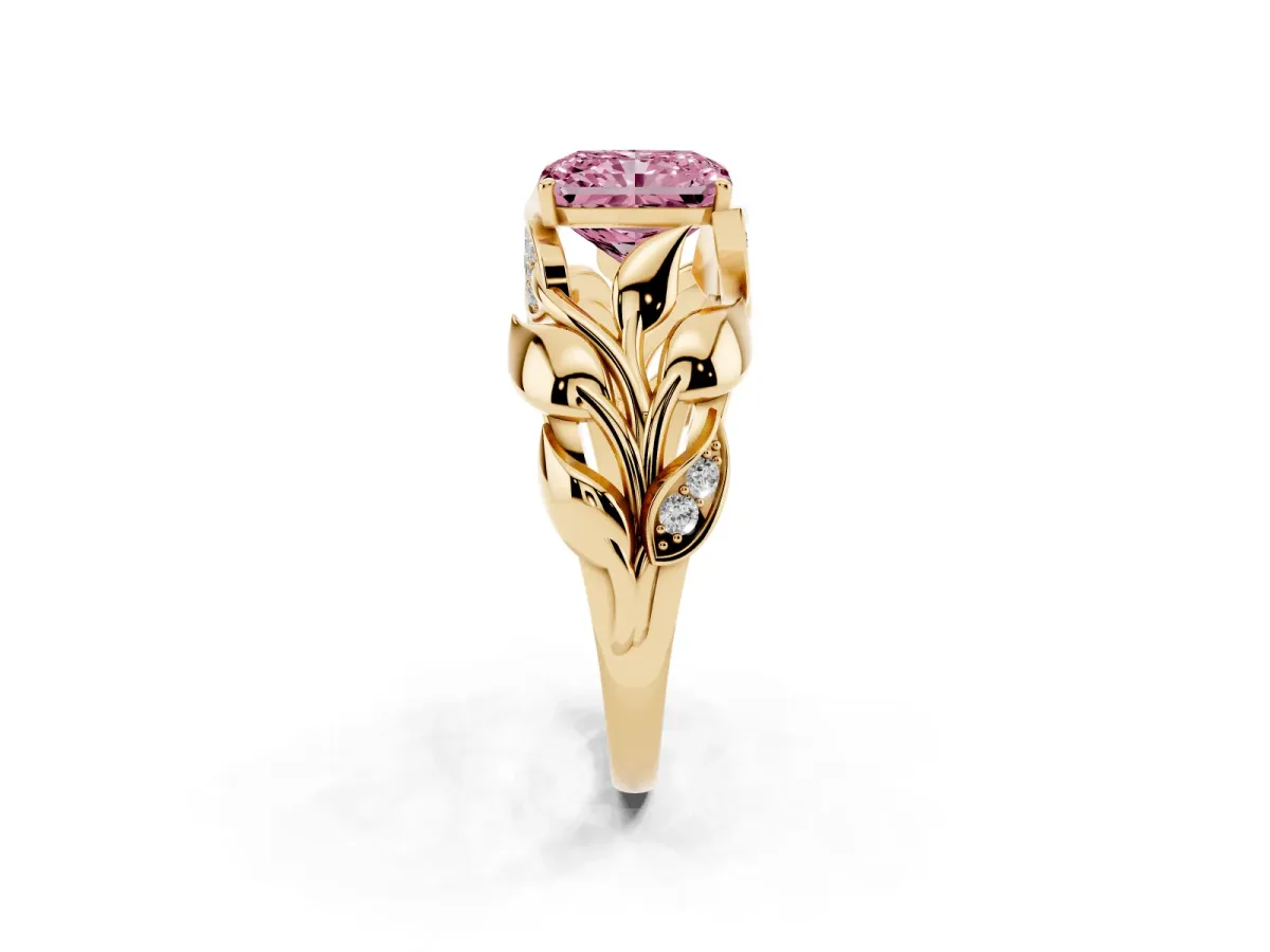 Fancy Pink Radiant Cut Diamond Leaf-Inspired Engagement Ring with Round Accents and Prong Setting Yellow gold