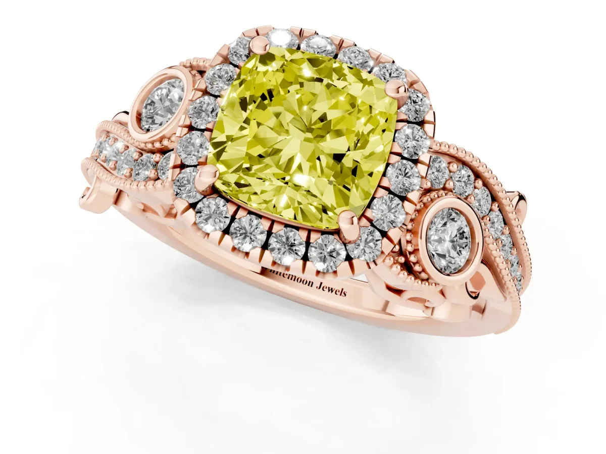 Fancy Yellow Cushion Cut Diamond Halo Ring with Milgrain Pavé Band and Four-Prong Setting Rose gold