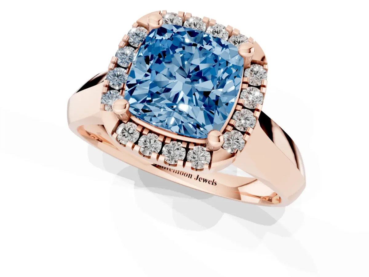 Fancy Blue Cushion Cut Cut Halo Solitaire Engagement Ring with Square Band and Four-Prong Setting Rose gold