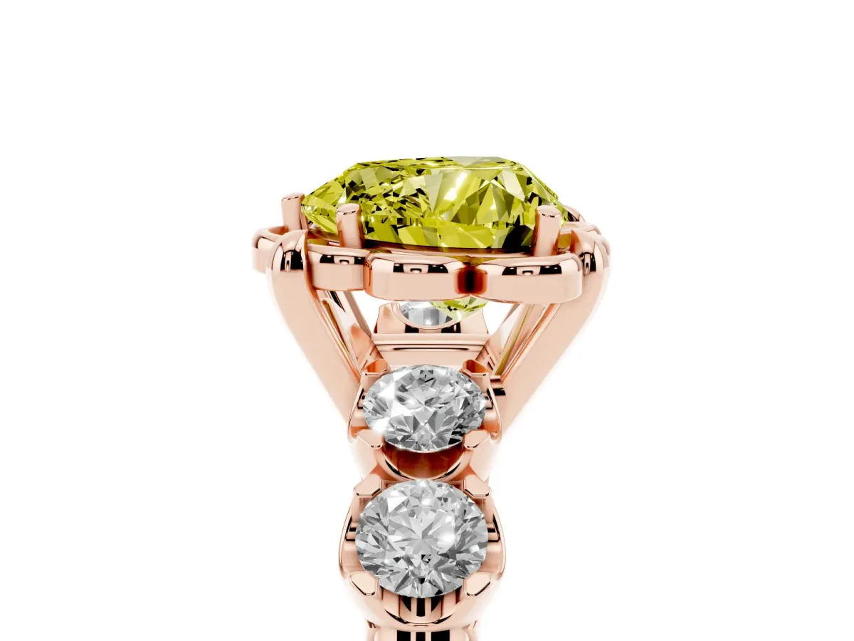 Fancy Yellow Heart Cut Cut Diamond Floral Halo Engagement Ring with Shared Prong Setting Rose gold