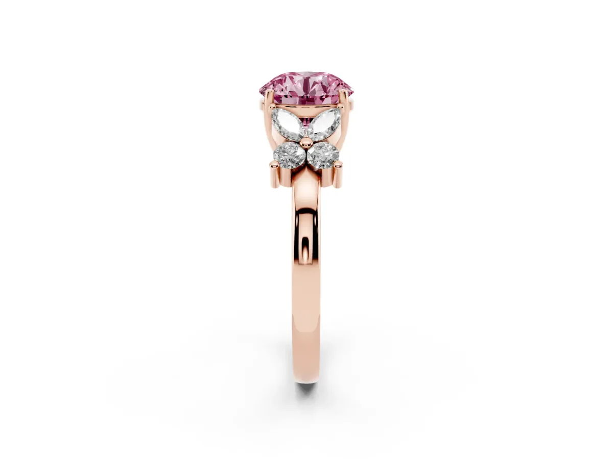 Fancy Pink Round Cut Diamond Floral Cluster Ring with Solitaire Band and Prong Setting Rose gold