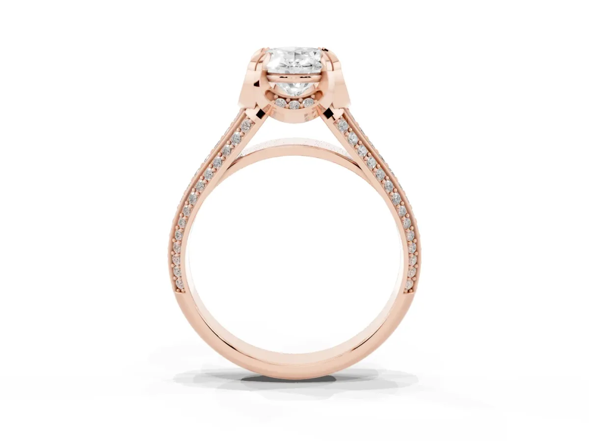 Oval Cut Solitaire Pave Split Shank Ring with Four-Prong Setting Rose gold