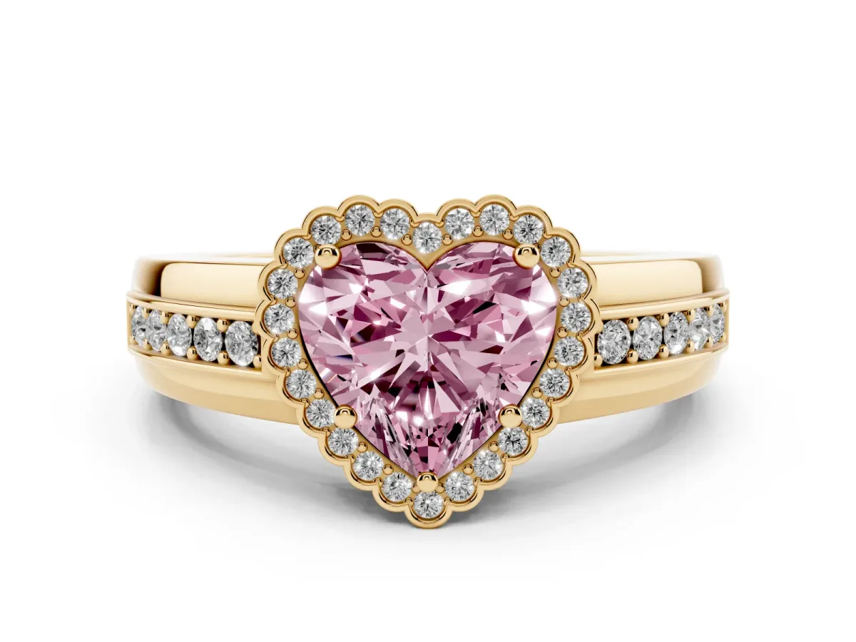Fancy Pink Heart Cut Cut Halo Pave Band Four-Prong Ring Yellow gold