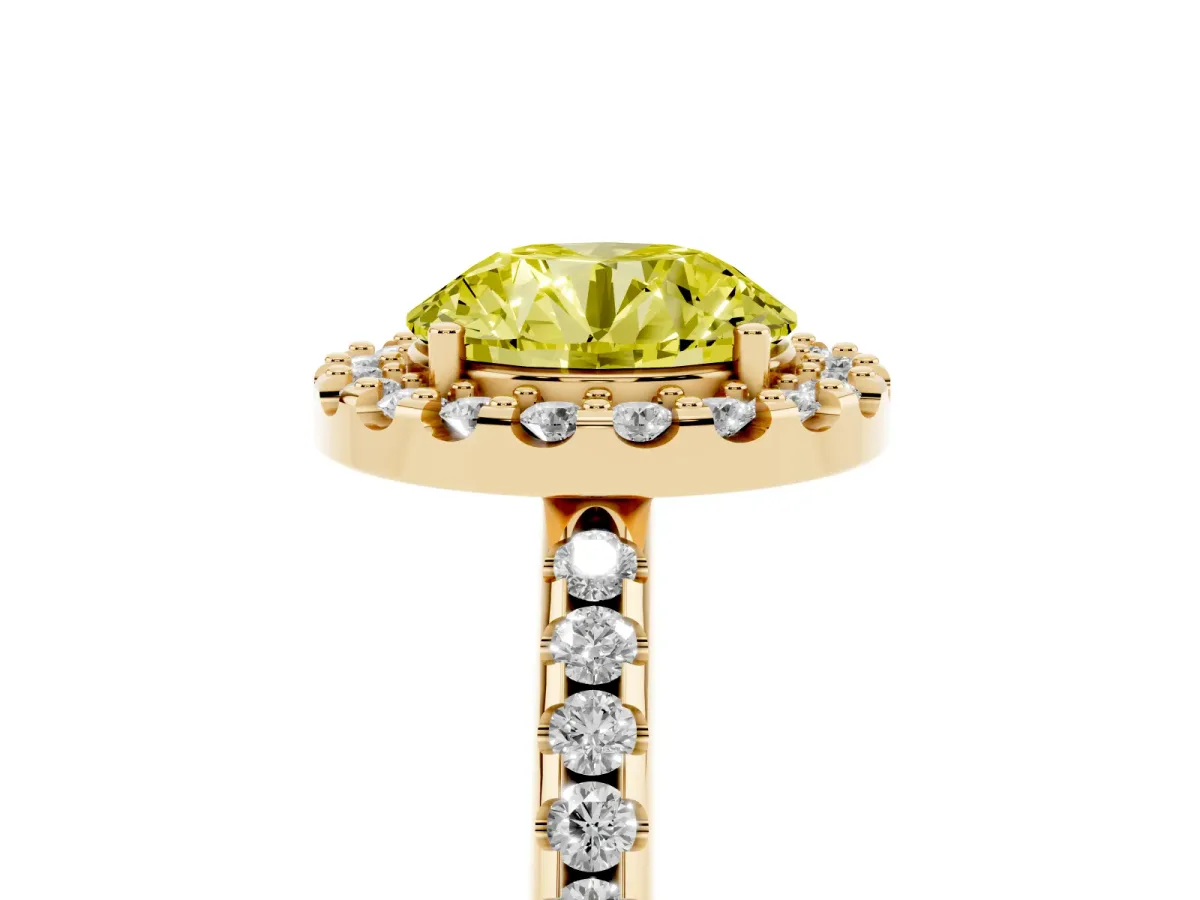 Fancy Yellow Round Cut Diamond Pavé Halo Ring with Four-Prong Setting Yellow gold