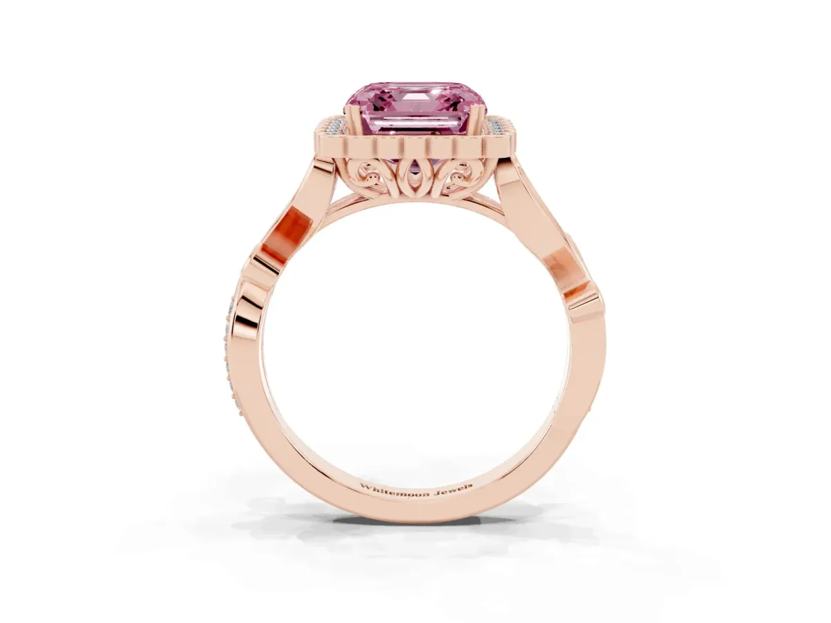 Fancy Pink Asscher Cut Diamond Halo Ring with Vintage Split Shank and Four-Prong Setting Rose gold