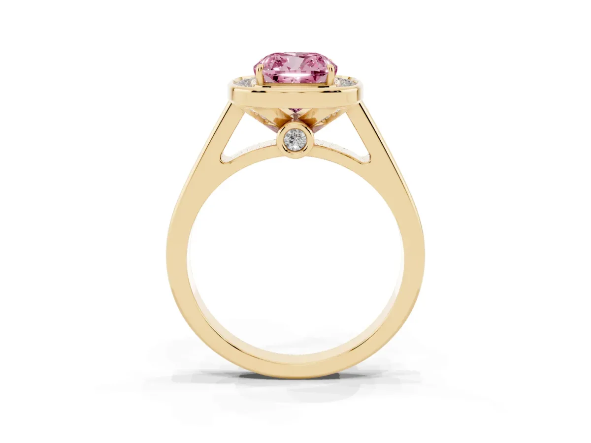 Fancy Pink Cushion Cut Halo Solitaire Diamond Ring with Pave Band and Bezel Setting Yellow gold
