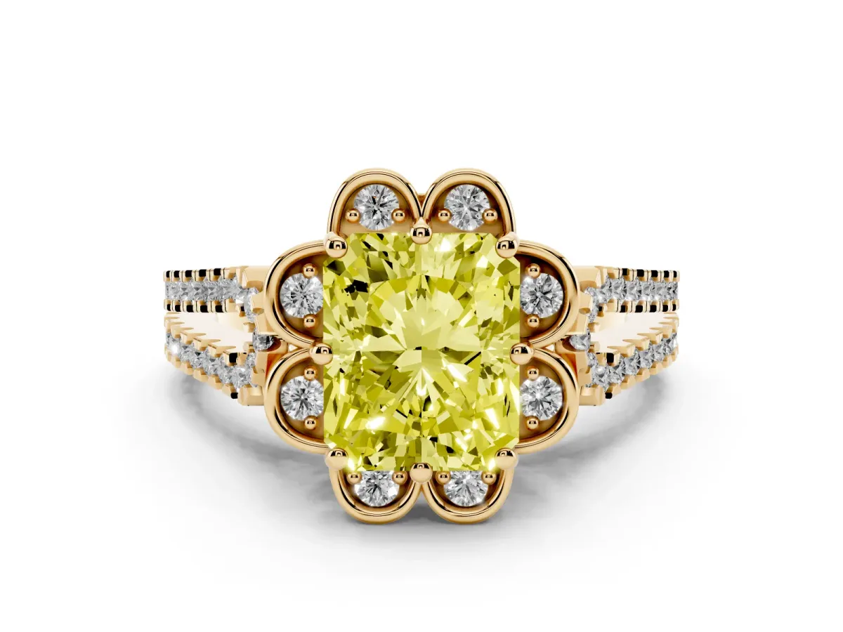 Fancy Yellow Radiant Cut Halo Diamond Floral Split Shank Engagement Ring Yellow gold