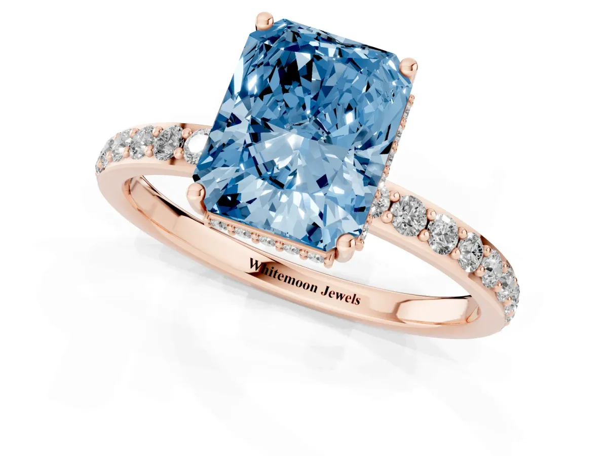 Fancy Blue Radiant Cut Diamond Solitaire Ring with Pavé Band and Hidden Halo Rose gold