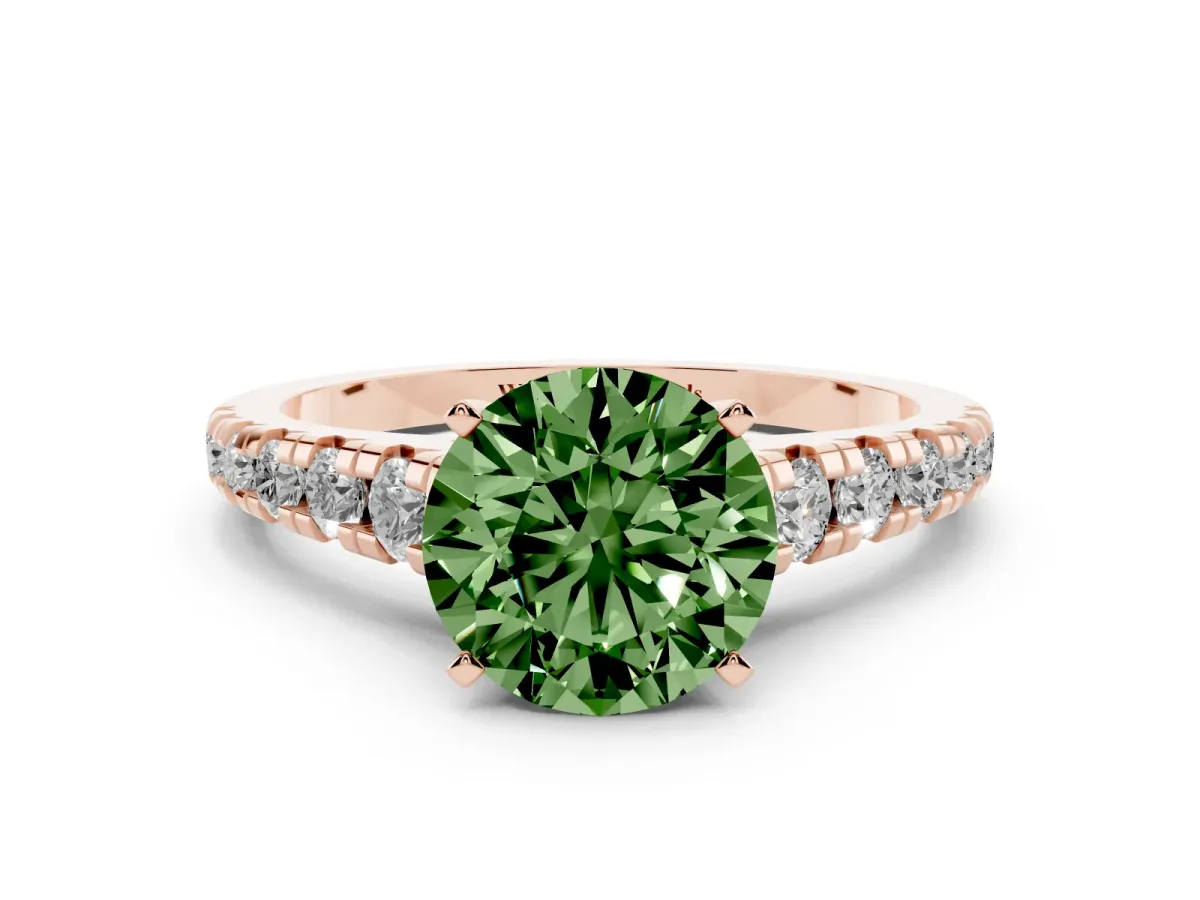 Fancy Green Round Cut Diamond Cathedral Solitaire Ring with Round Pavé Band Rose gold