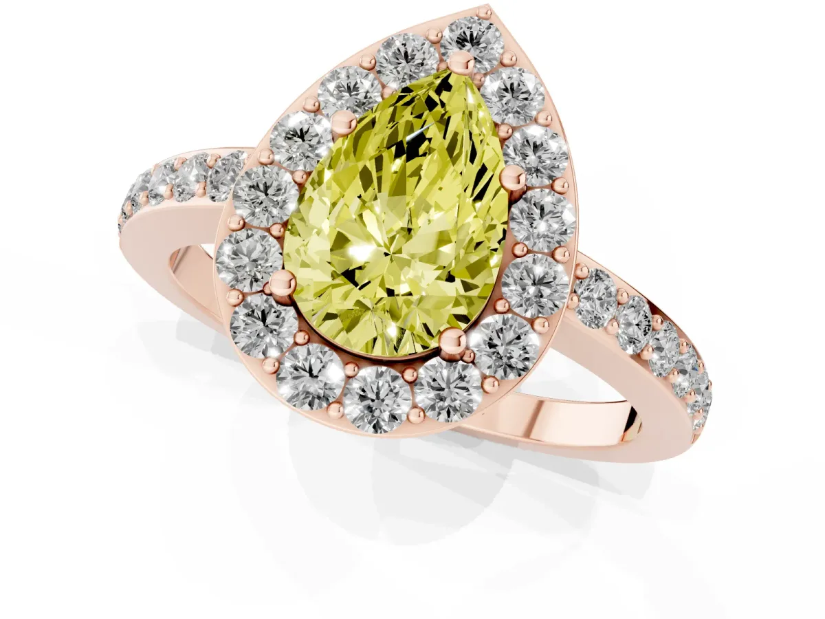Fancy Yellow Pear Cut Halo Diamond Pavé Band Ring with Prong Setting Rose gold