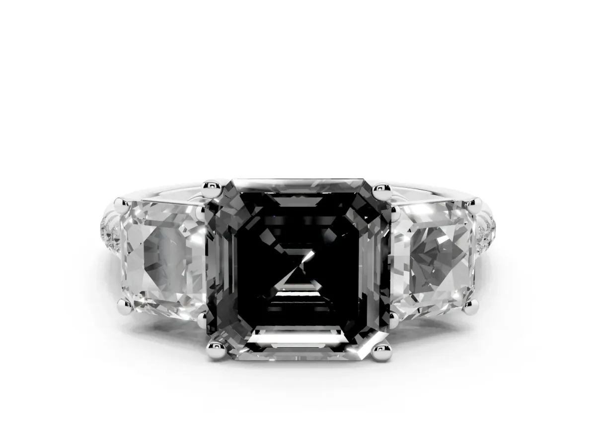 Fancy Black Three-Stone Asscher Cut Diamond Ring with Round Pavé Band and Prong Setting Silver