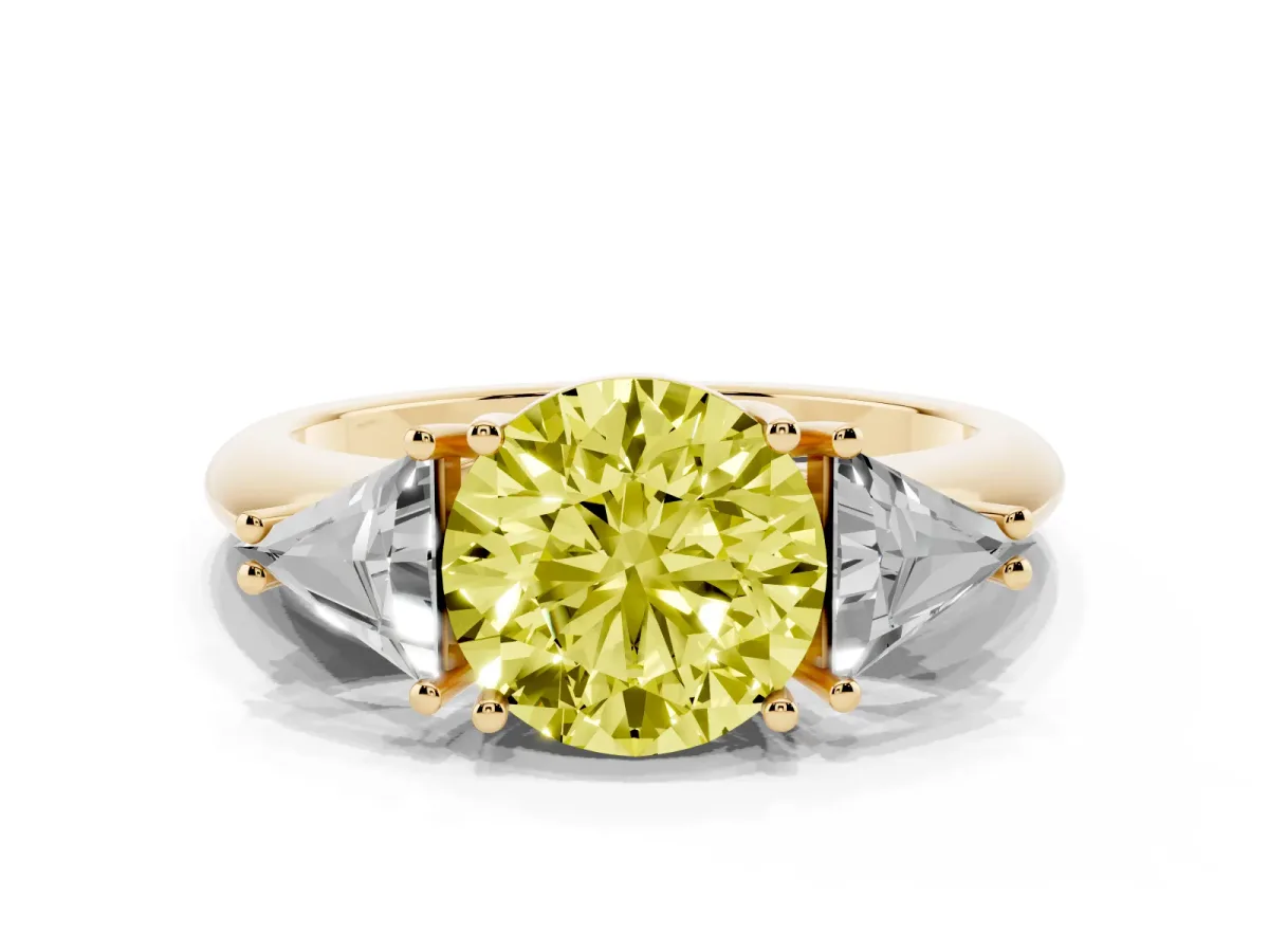Fancy Yellow Three-Stone Round Cut Diamond Engagement Ring with Trillion Side Stones and Prong Setting Yellow gold