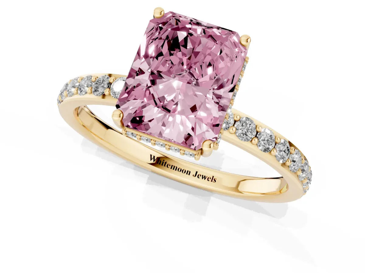 Fancy Pink Radiant Cut Diamond Solitaire Ring with Pavé Band and Hidden Halo Yellow gold