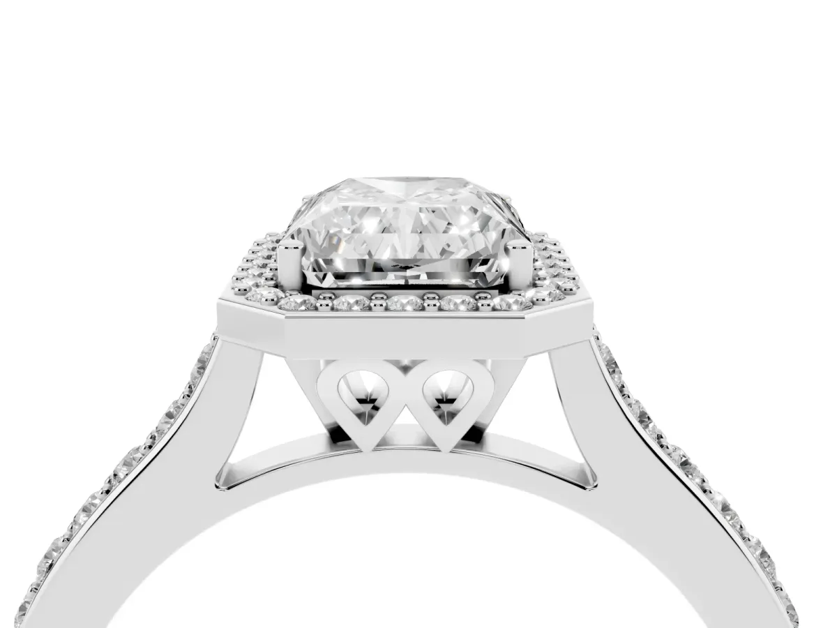 Radiant Cut Diamond Halo Engagement Ring with Round Pavé Shoulders and Prong Setting White gold