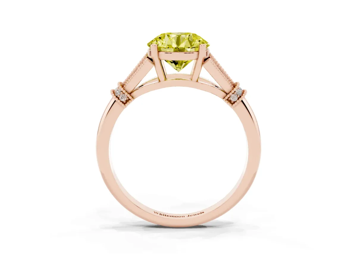 Fancy Yellow Round Cut Diamond Solitaire Ring with Floral Filigree and Pave Accents Rose gold