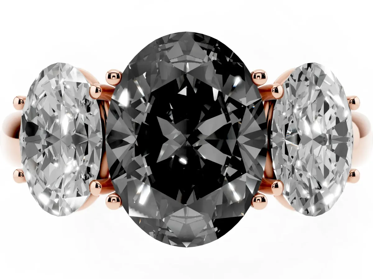 Fancy Black Oval Cut Diamond Three-Stone Ring with Four-Prong Setting and Classic Band Rose gold