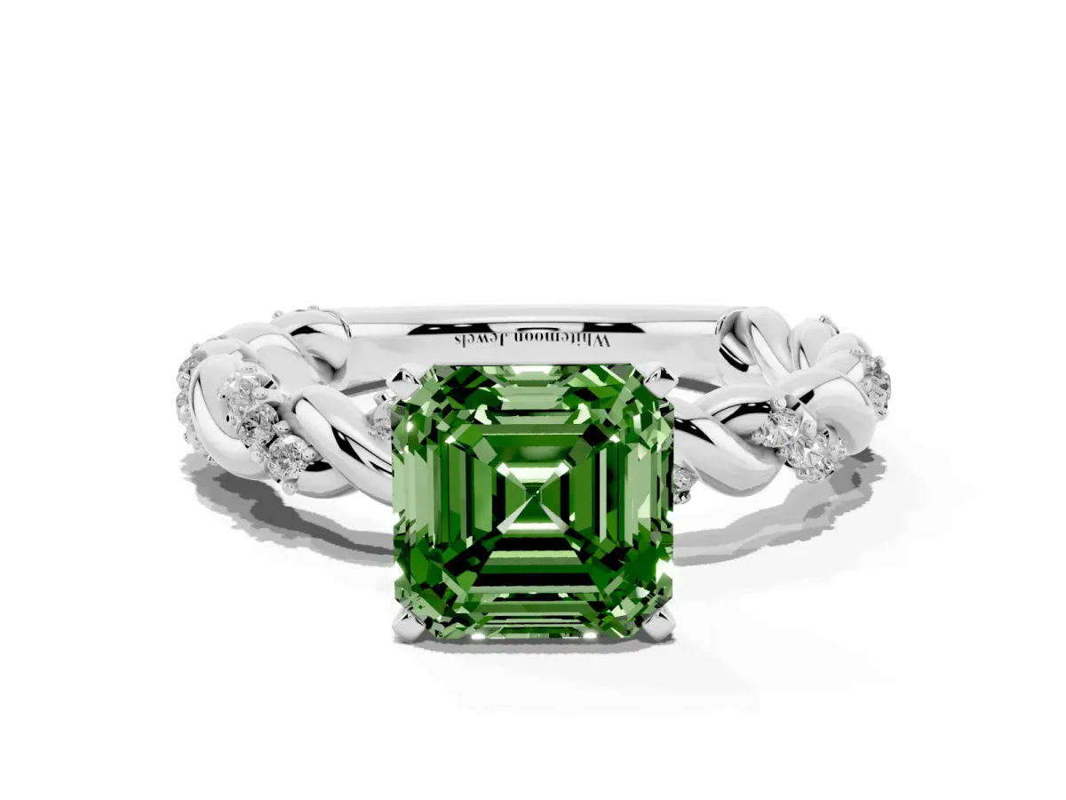 Fancy Green Asscher Cut Diamond Solitaire Ring with Twisted Band and Pavé Accents Silver