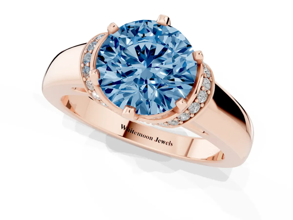 Fancy Blue Round Cut Solitaire Diamond Ring with Pave Band and Six-Prong Setting Rose gold