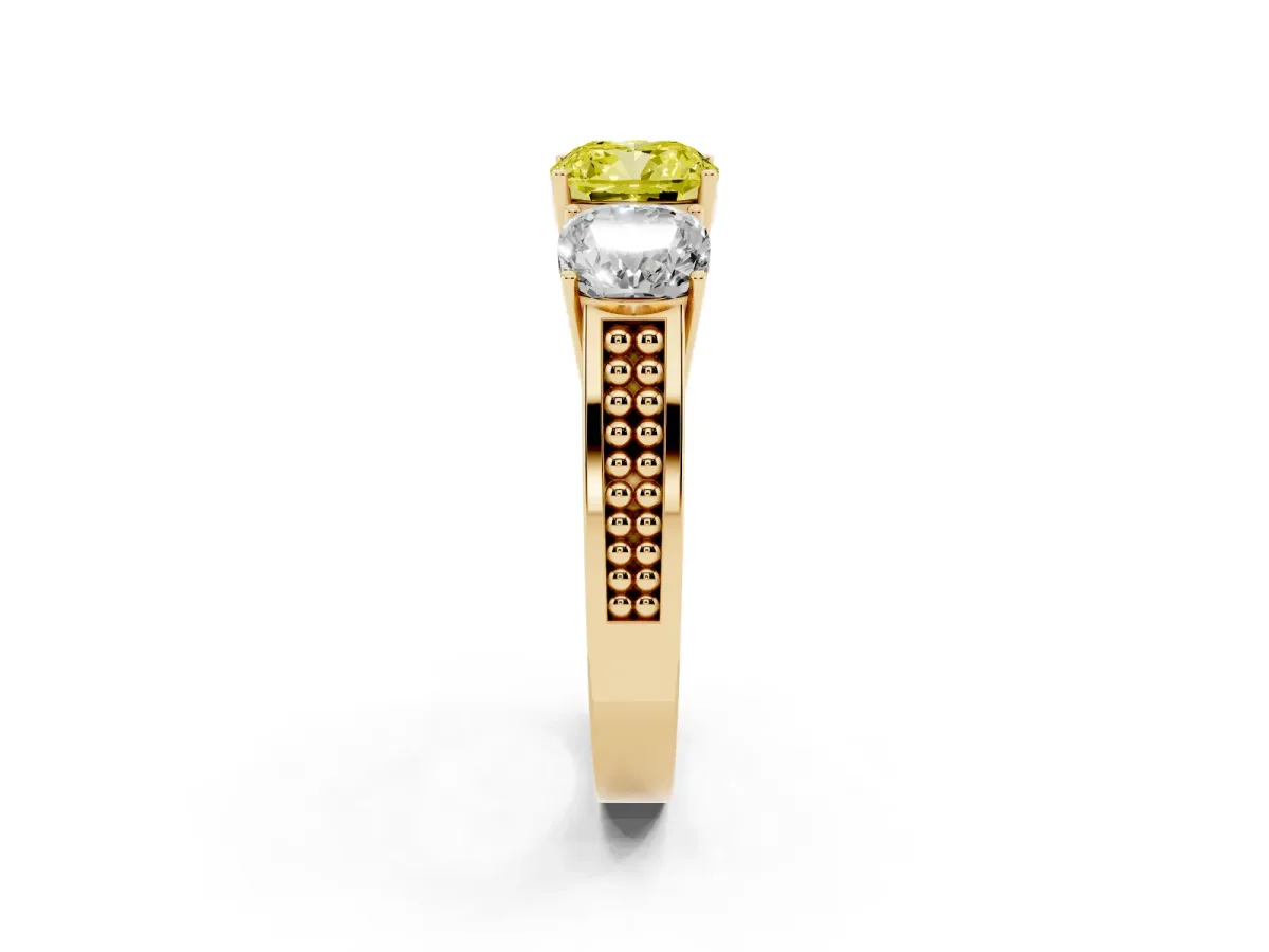 Fancy Yellow Cushion Cut Diamond Three-Stone Ring with Prong Setting and Textured Band Yellow gold