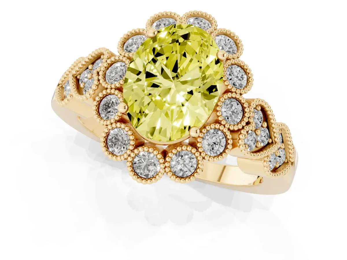 Fancy Yellow Oval Cut Brilliant Milgrain Pave Heart Band Solitaire Ring Yellow gold