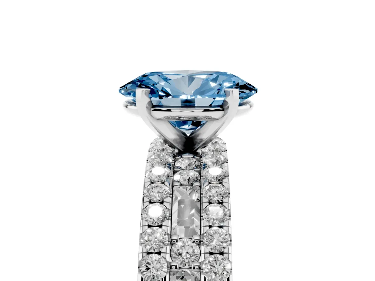Fancy Blue Oval Cut Diamond Solitaire Ring with Pavé and Channel Set Band Silver
