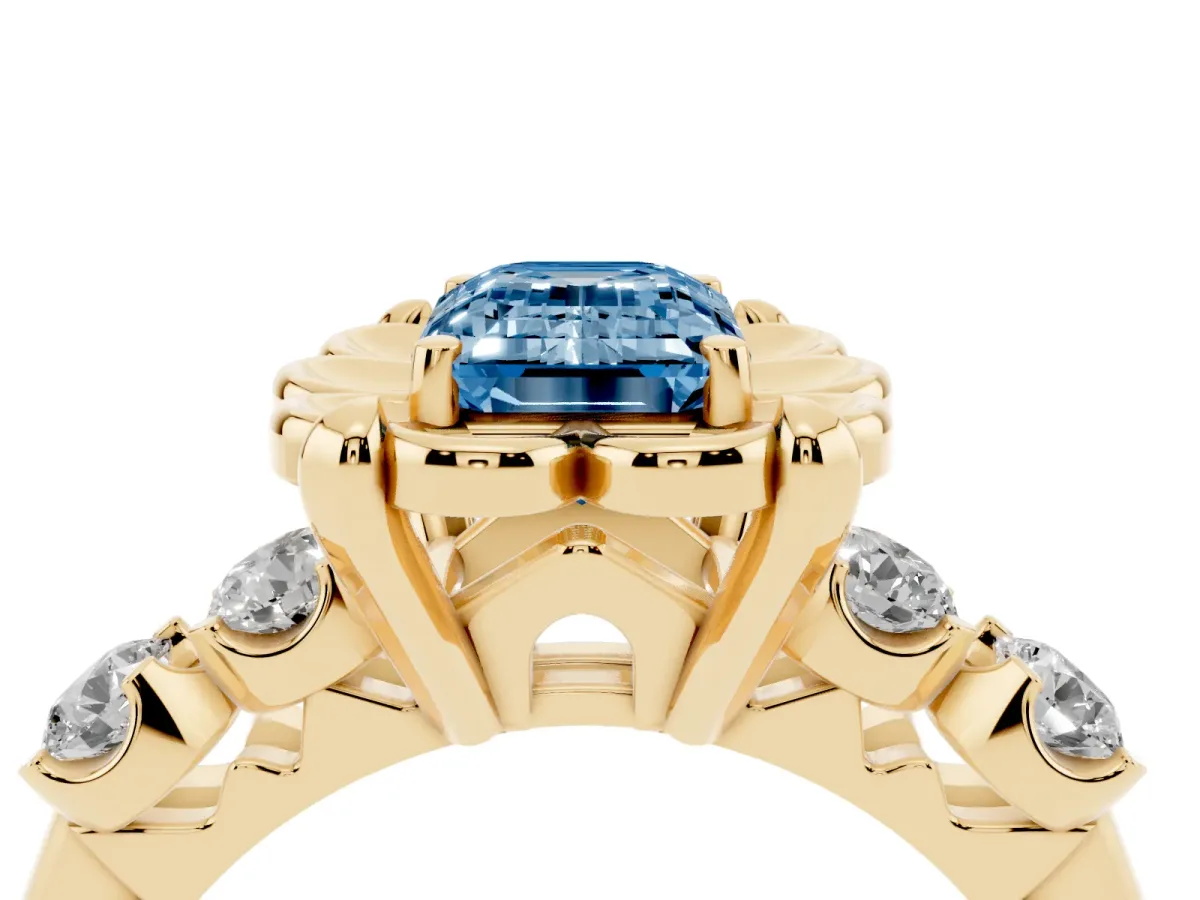 Fancy Blue Emerald Cut Cut Diamond Floral Halo Engagement Ring with Shared Prong Setting Yellow gold