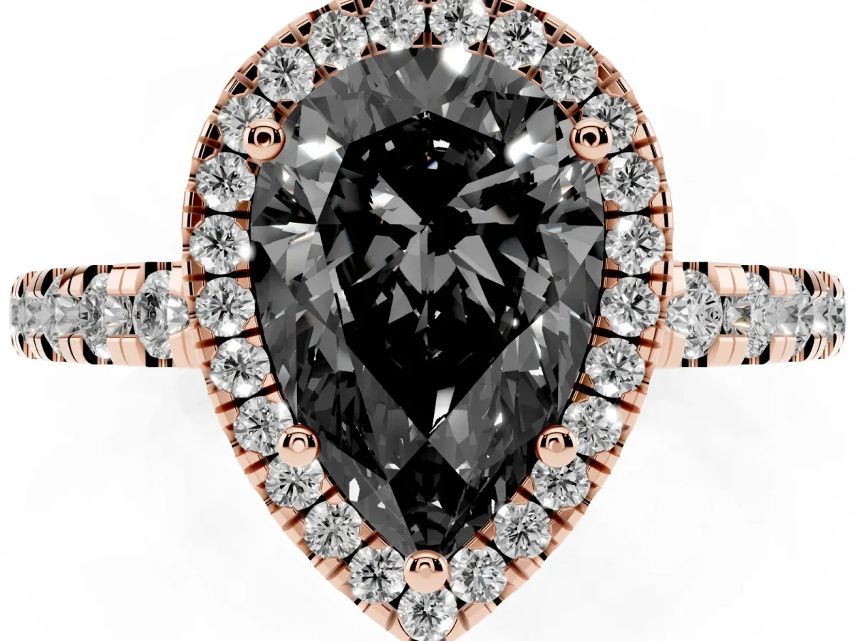 Fancy Black Pear Cut Diamond Halo Ring with Pavé Band and Four-Prong Setting Rose gold