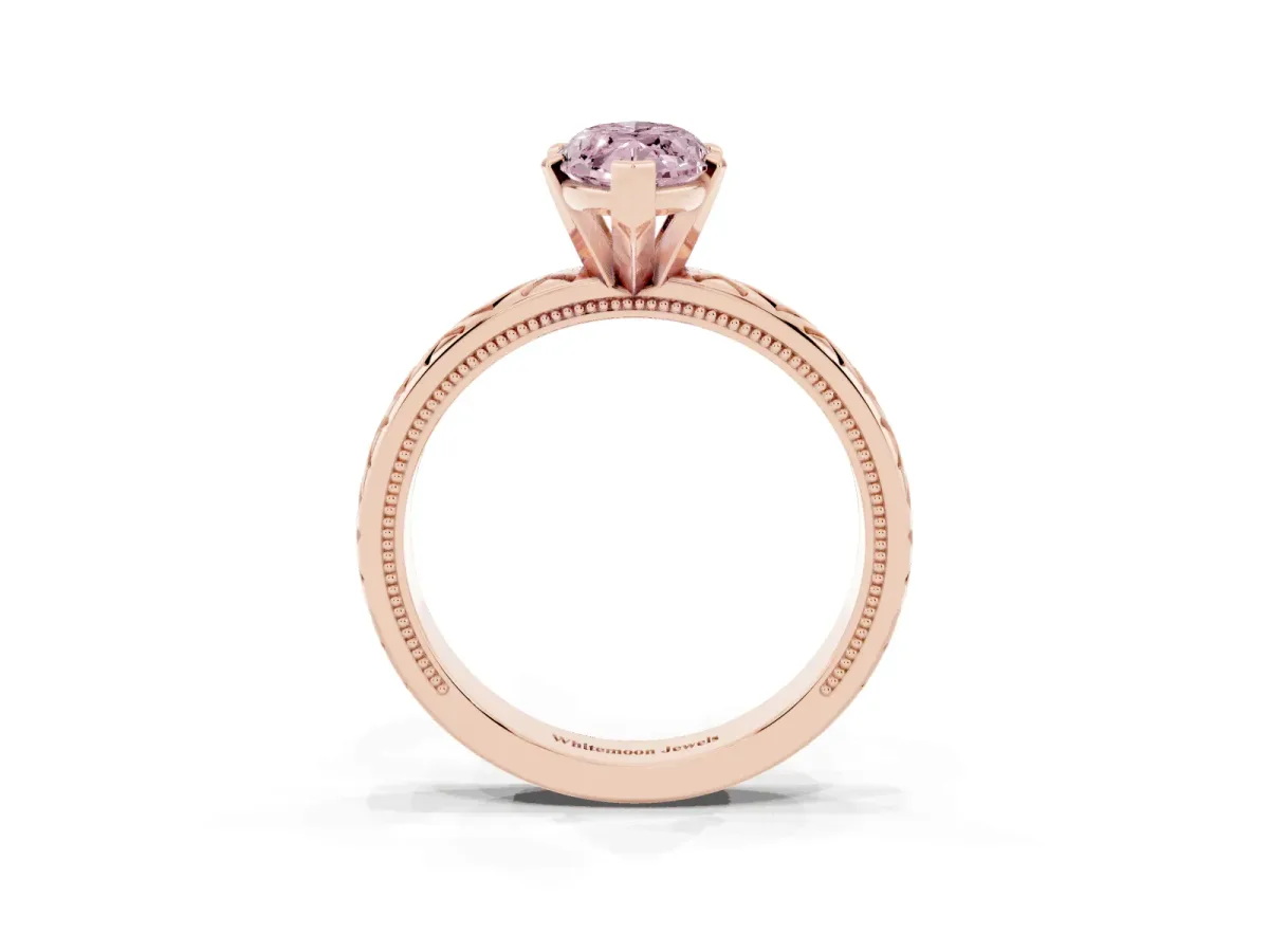 Fancy Pink Marquise Cut Solitaire Diamond Ring with Milgrain and Black Enamel X Pattern Band Rose gold