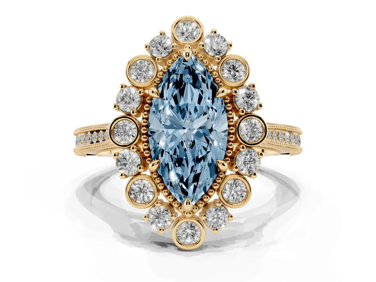 Fancy Blue Marquise Cut Halo Milgrain Pave Diamond Ring with Four-Prong Setting Yellow gold
