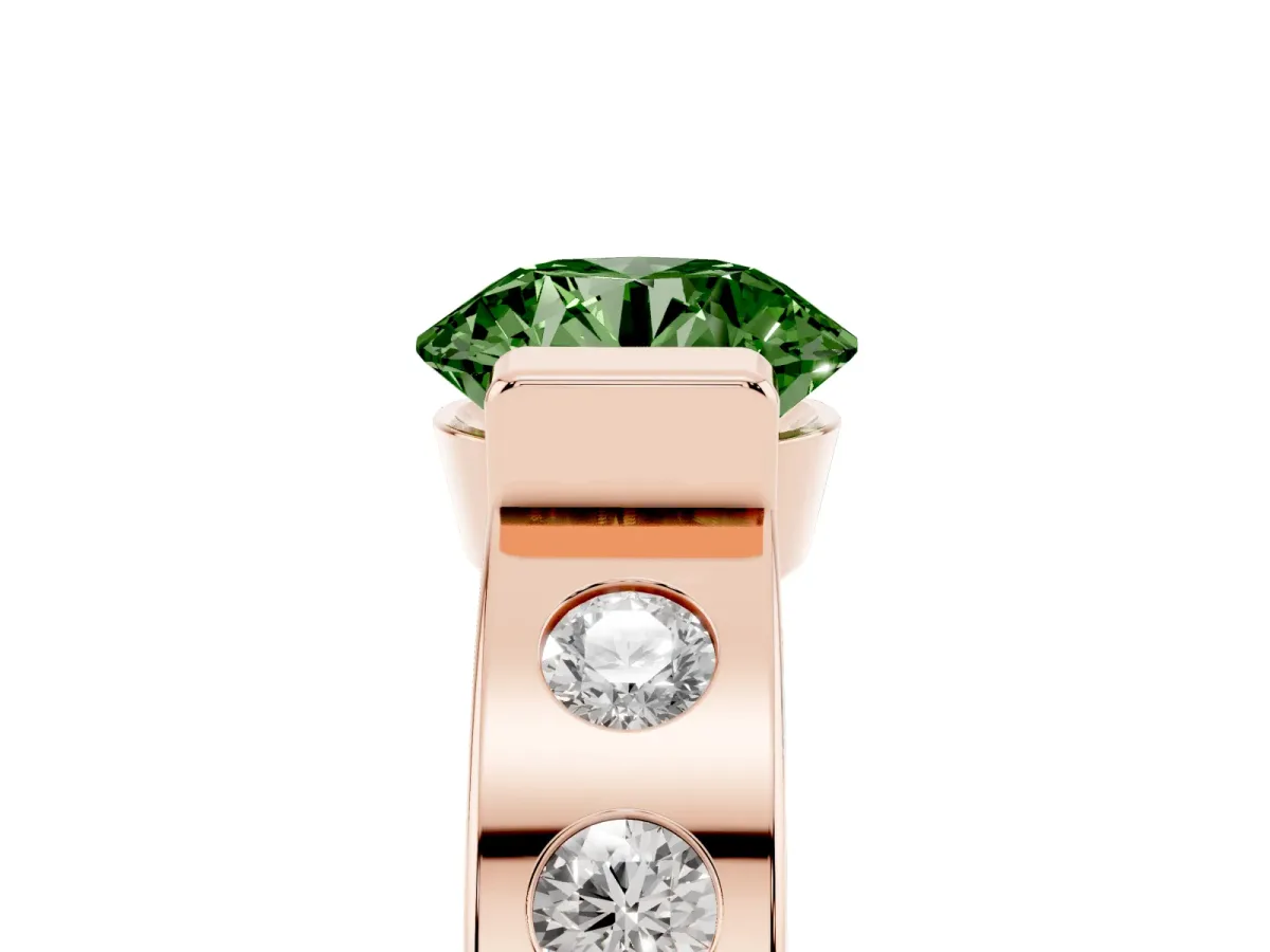 Fancy Green Round Cut Brilliant Channel-Set Diamond Ring with Bezel Prong Setting Rose gold