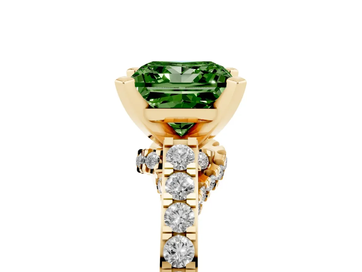 Fancy Green Princess Cut Diamond Solitaire Ring with Crossover Gallery and Round Pavé Band Yellow gold