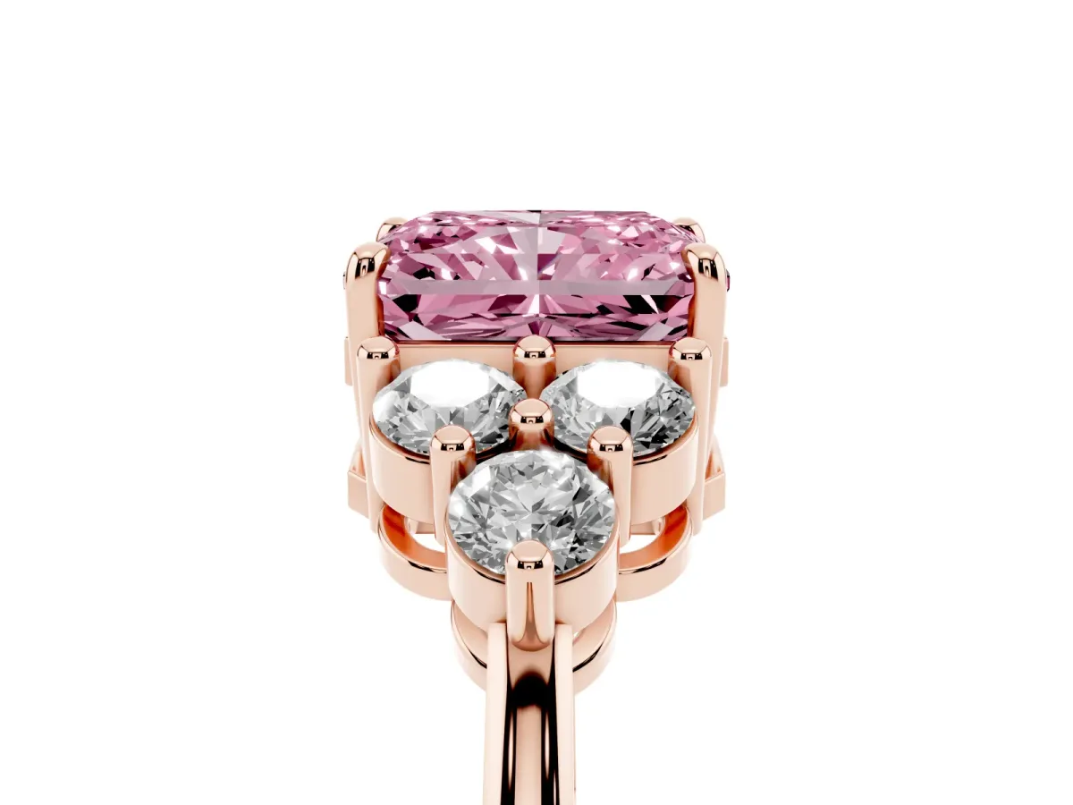 Fancy Pink Radiant Cut Brilliant Diamond Cluster Accent Solitaire Ring with Prong Setting Rose gold