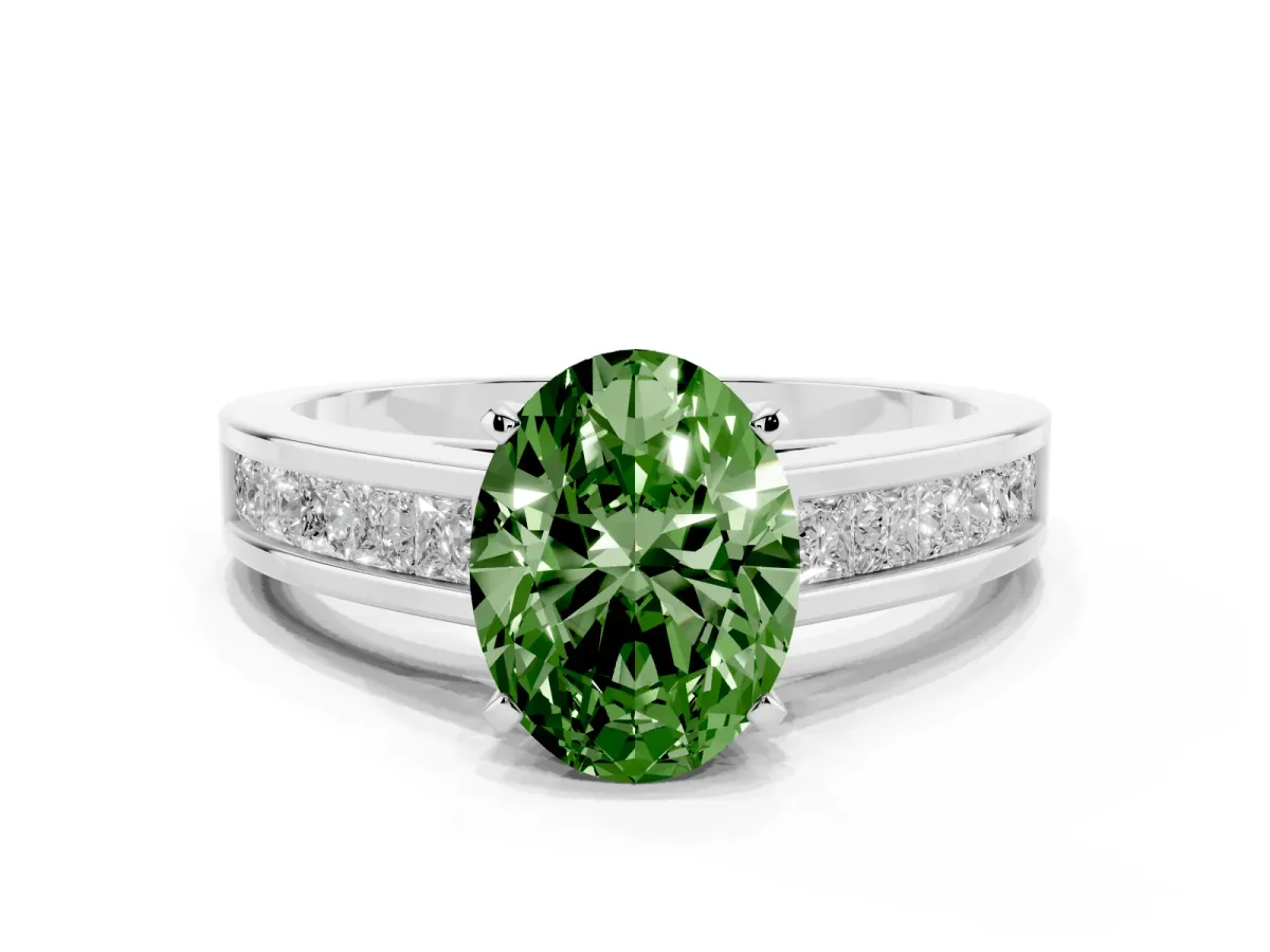 Fancy Green Oval Cut Solitaire Diamond Ring with Channel-Set Band and Four-Prong Setting Silver
